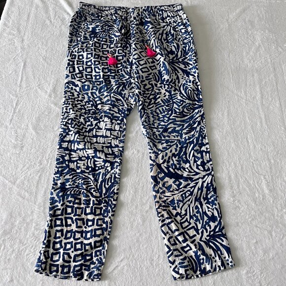 Lilly Pulitzer Linen Ankle Pants Women M Indigo White Pink Tassels Boho Coastal - Picture 1 of 11